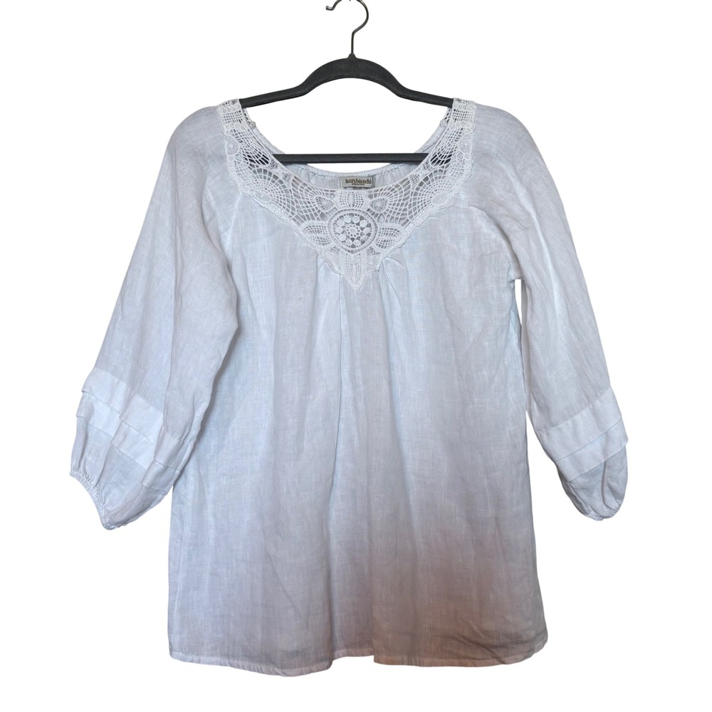 Laura Bianchi White Linen Crochet Neck 3/4 Sleeve Tunic Top Made in Italy Size L